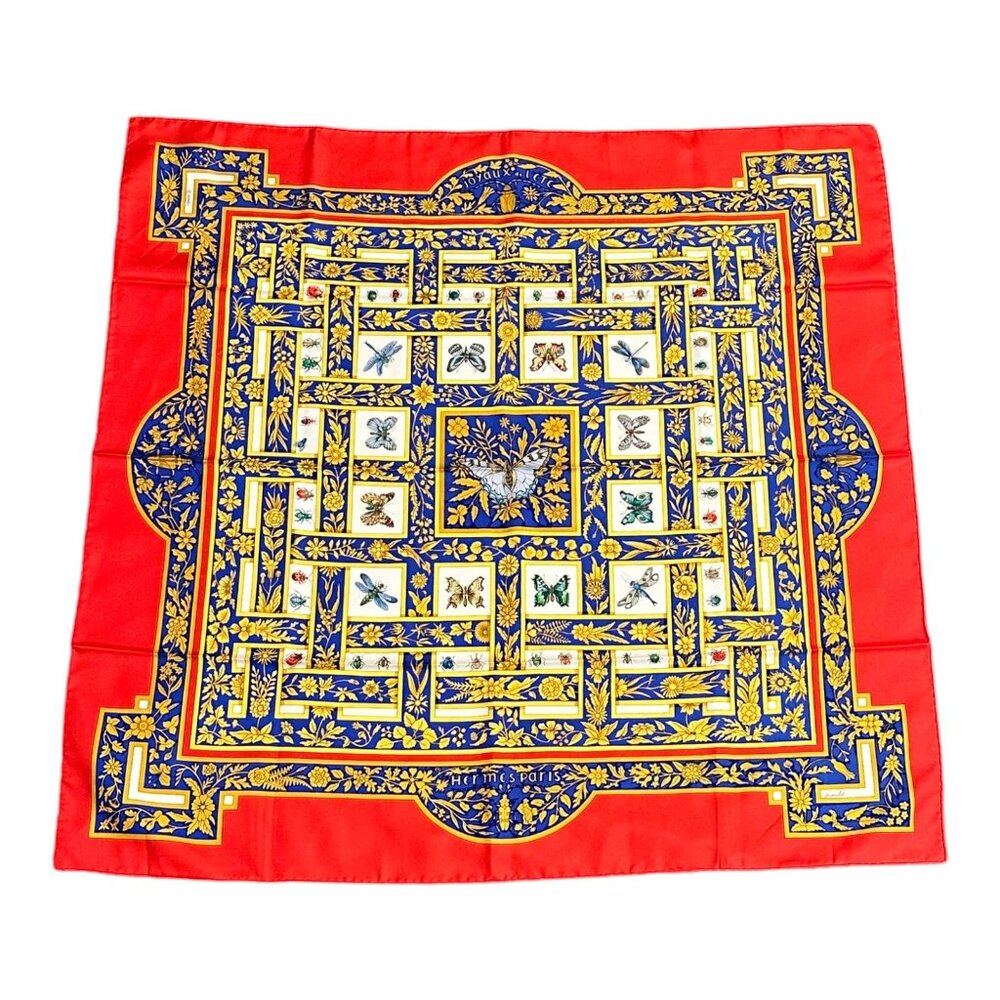 Hermes Carre Joyaux de L'ete Jacquelot 90cm Red Blue Insect Silk Scarf